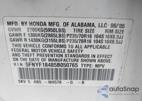 2005 Honda Pilot Ex из США, поврежденный, VIN 5FNYF18485B050765